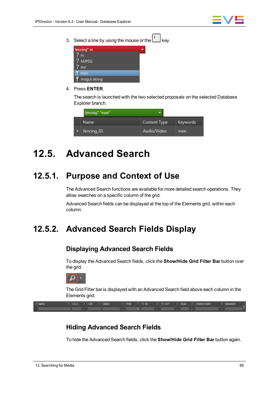 Advanced search, Purpose and context of use, Advanced search fields display | EVS IPDirector Version 6.2 - June 2013 DATABASE EXPLORER User Manual User Manual | Page 101 / 126