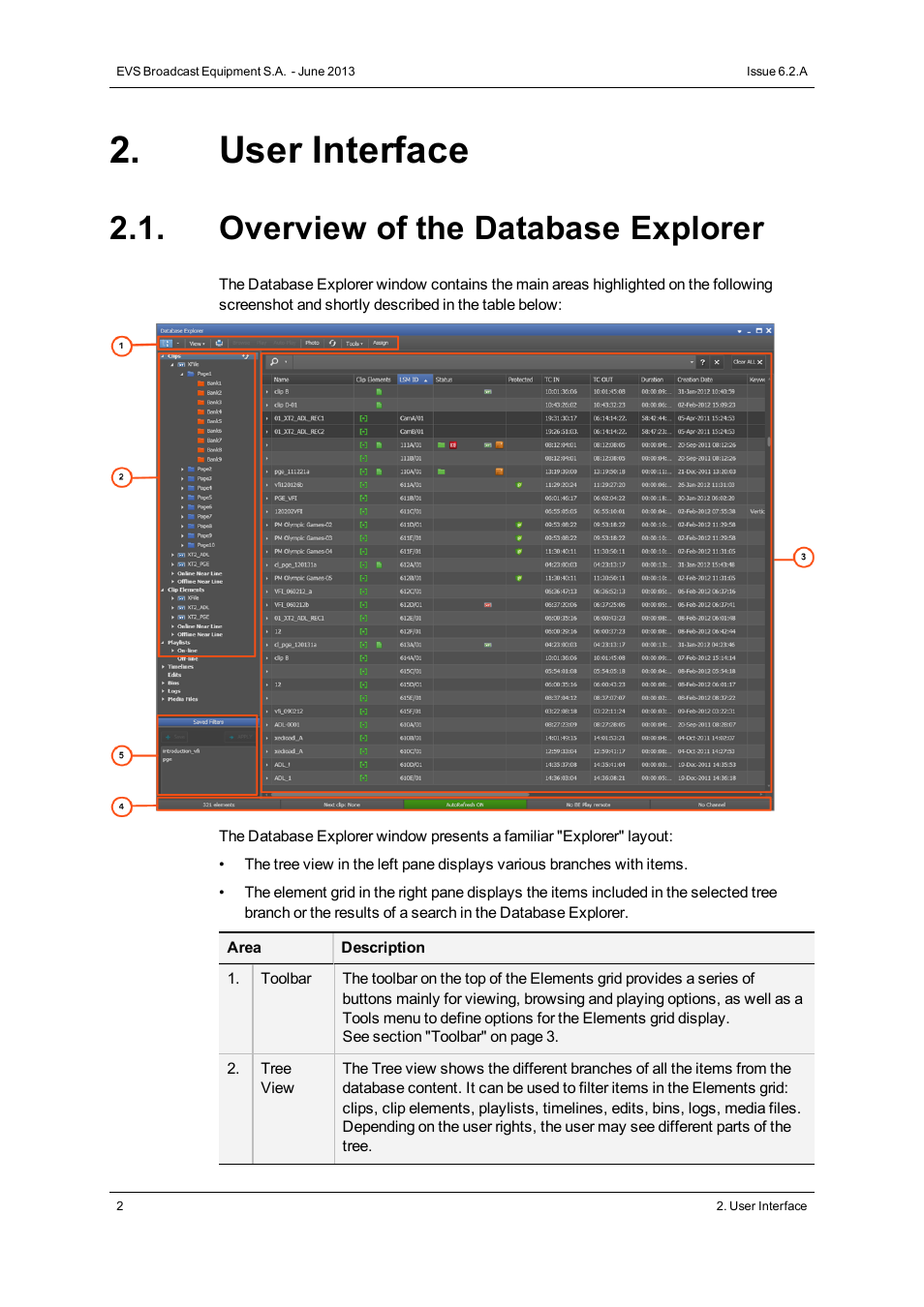 User interface, Overview of the database explorer | EVS IPDirector Version 6.2 - June 2013 DATABASE EXPLORER User Manual User Manual | Page 14 / 126