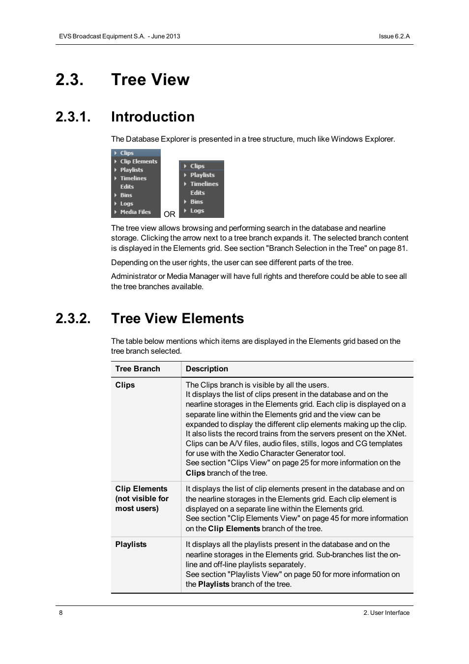 Tree view, Introduction, Tree view elements | EVS IPDirector Version 6.2 - June 2013 DATABASE EXPLORER User Manual User Manual | Page 20 / 126