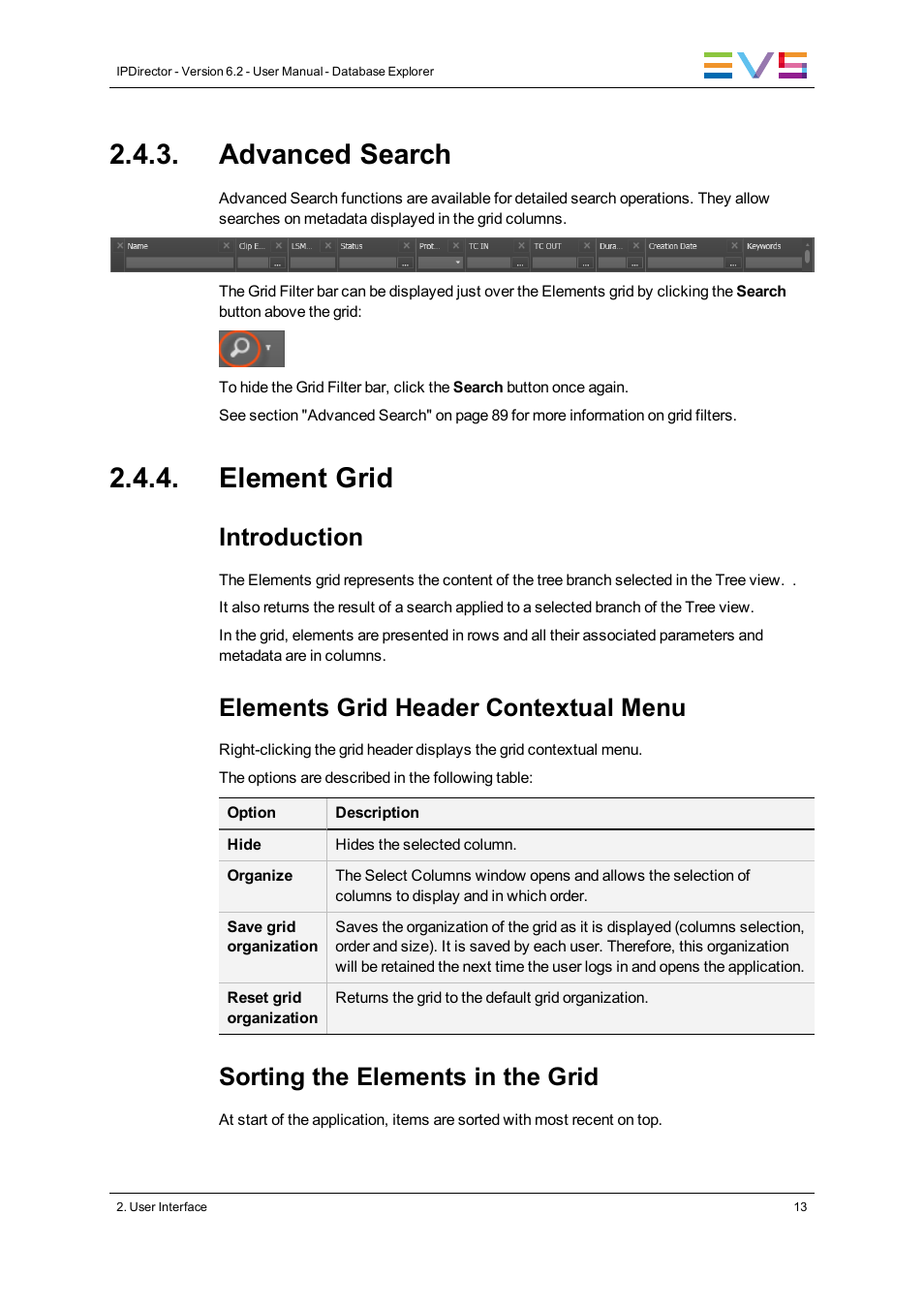 Advanced search, Element grid, Introduction | Elements grid header contextual menu, Sorting the elements in the grid | EVS IPDirector Version 6.2 - June 2013 DATABASE EXPLORER User Manual User Manual | Page 25 / 126