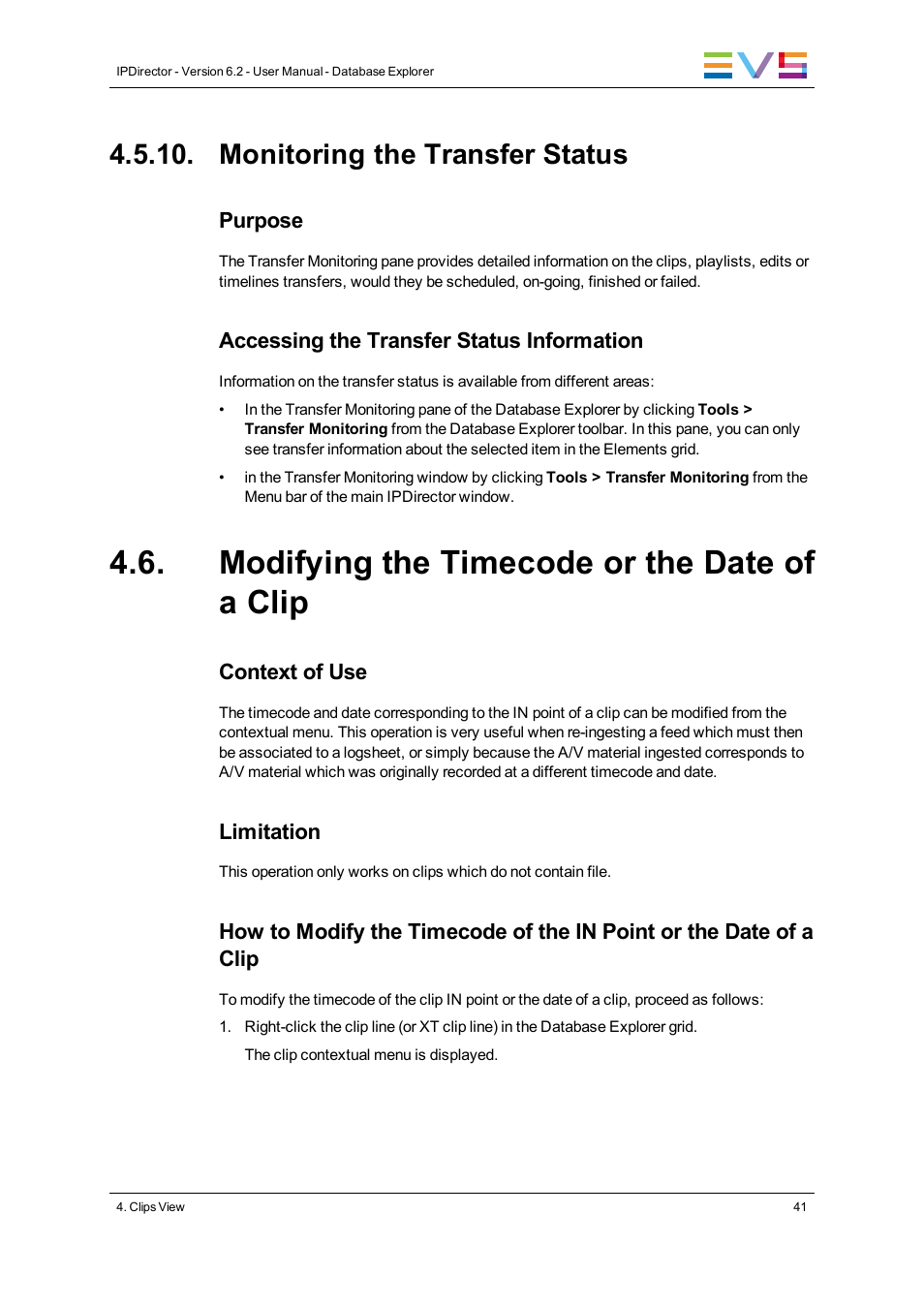 Monitoring the transfer status, Modifying the timecode or the date of a clip | EVS IPDirector Version 6.2 - June 2013 DATABASE EXPLORER User Manual User Manual | Page 53 / 126