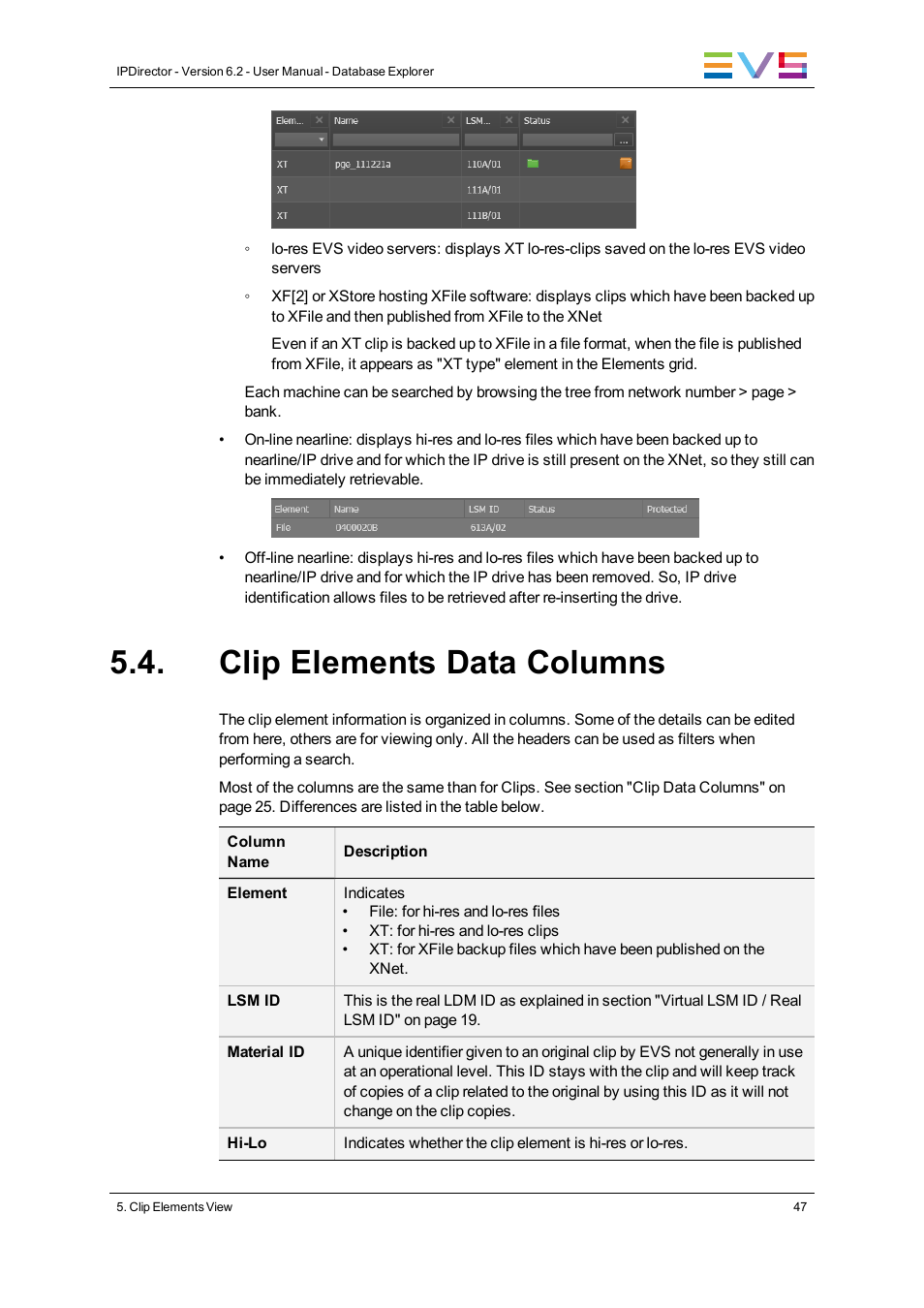Clip elements data columns | EVS IPDirector Version 6.2 - June 2013 DATABASE EXPLORER User Manual User Manual | Page 59 / 126