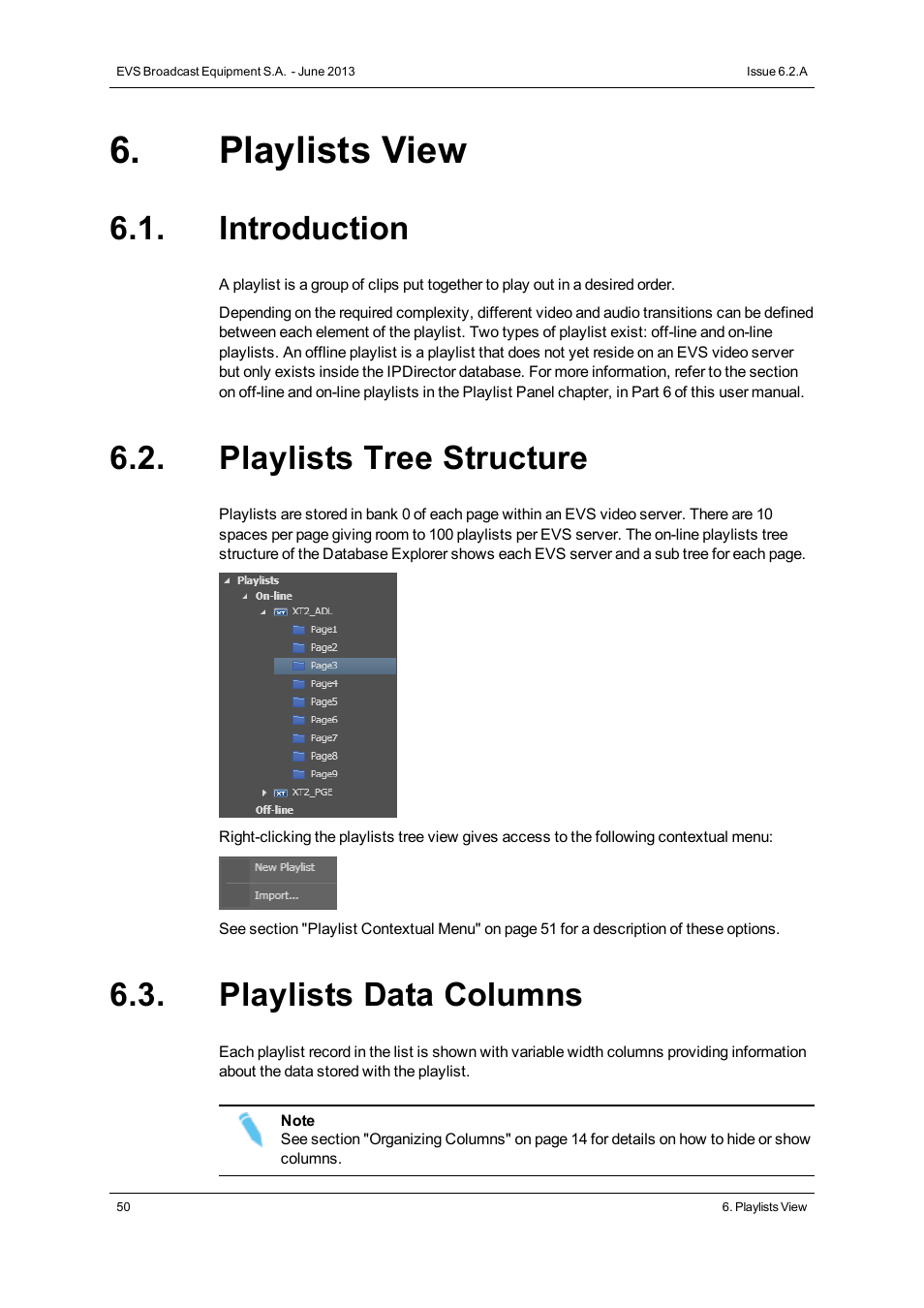 Playlists view, Introduction, Playlists tree structure | Playlists data columns | EVS IPDirector Version 6.2 - June 2013 DATABASE EXPLORER User Manual User Manual | Page 62 / 126