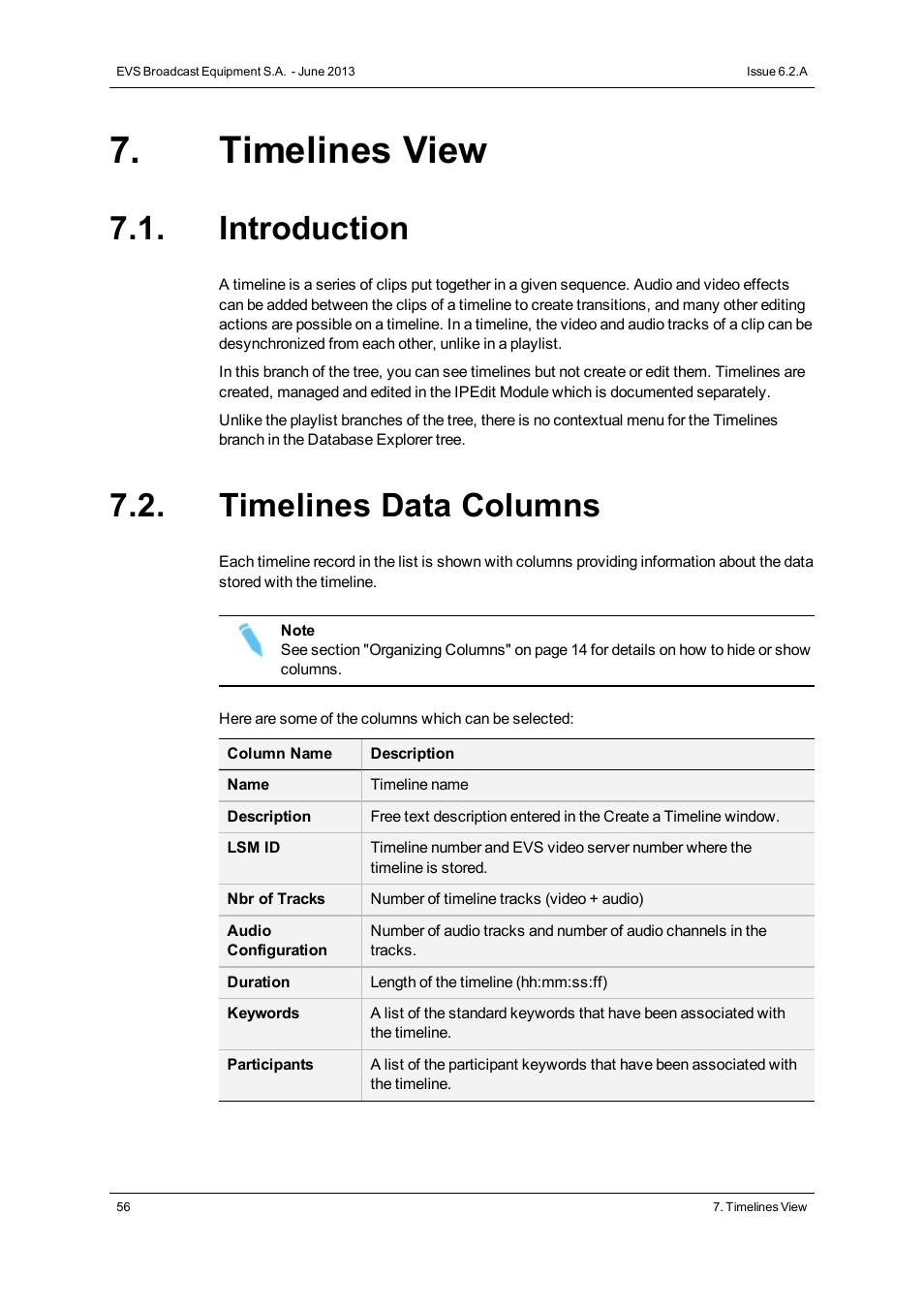 Timelines view, Introduction, Timelines data columns | EVS IPDirector Version 6.2 - June 2013 DATABASE EXPLORER User Manual User Manual | Page 68 / 126