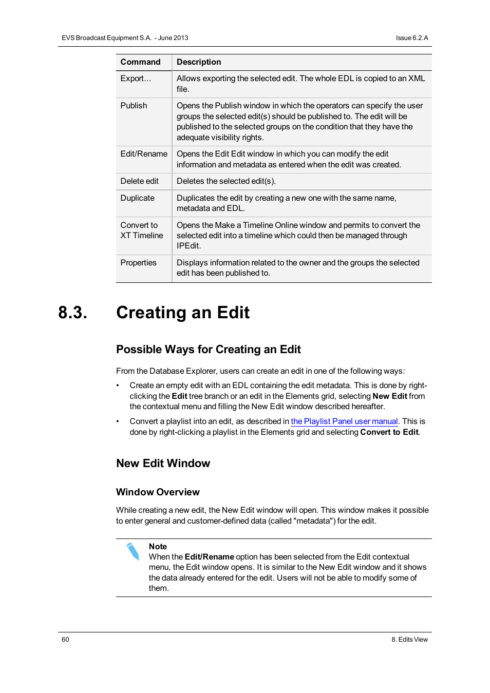Creating an edit, Possible ways for creating an edit, New edit window | EVS IPDirector Version 6.2 - June 2013 DATABASE EXPLORER User Manual User Manual | Page 72 / 126