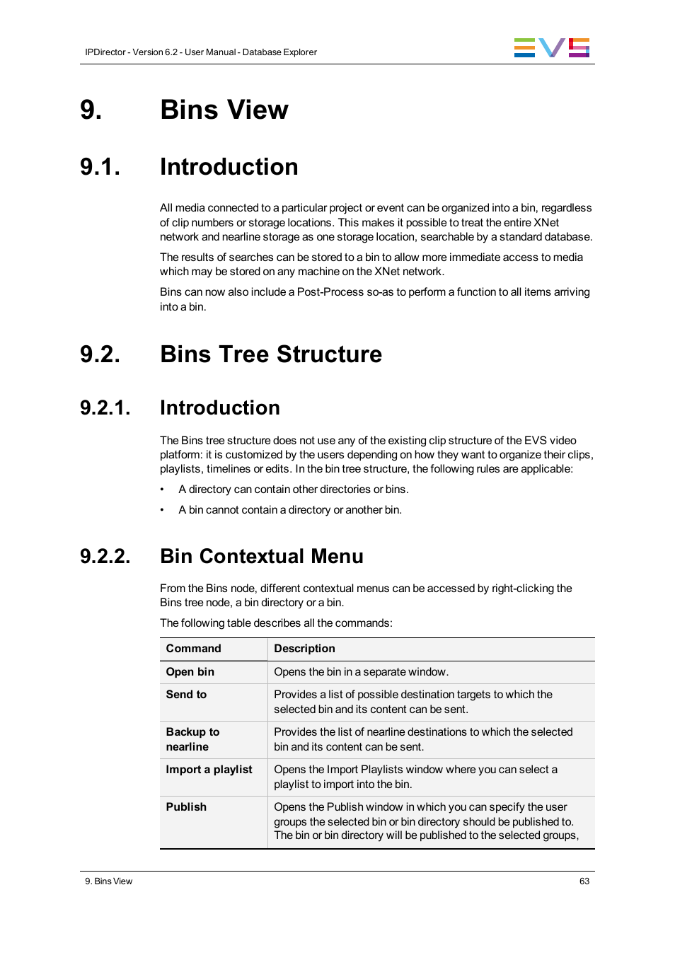 Bins view, Introduction, Bins tree structure | Bin contextual menu | EVS IPDirector Version 6.2 - June 2013 DATABASE EXPLORER User Manual User Manual | Page 75 / 126