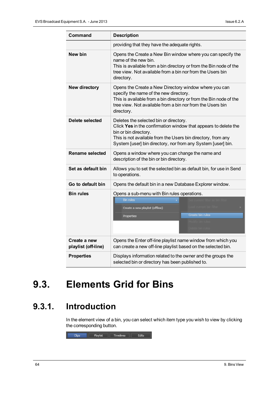 Elements grid for bins, Introduction | EVS IPDirector Version 6.2 - June 2013 DATABASE EXPLORER User Manual User Manual | Page 76 / 126