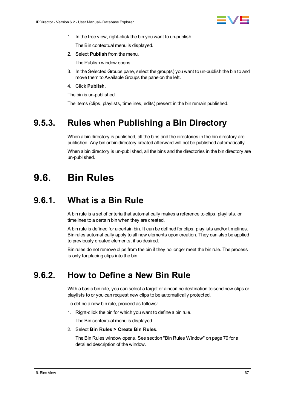 Rules when publishing a bin directory, Bin rules, What is a bin rule | How to define a new bin rule | EVS IPDirector Version 6.2 - June 2013 DATABASE EXPLORER User Manual User Manual | Page 79 / 126