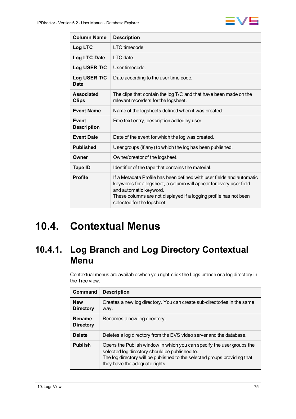 Contextual menus, Log branch and log directory contextual menu | EVS IPDirector Version 6.2 - June 2013 DATABASE EXPLORER User Manual User Manual | Page 87 / 126