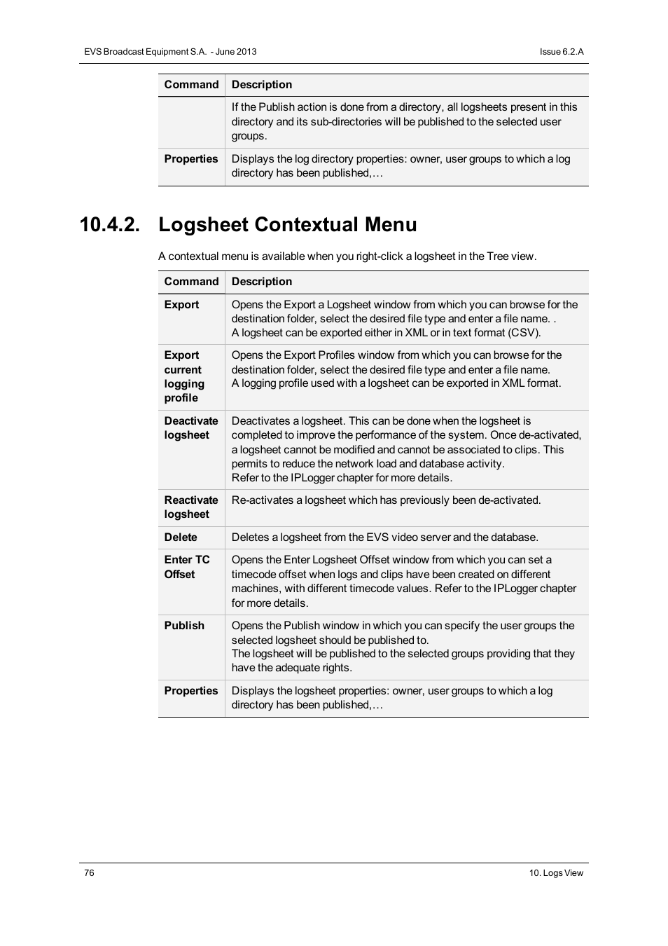Logsheet contextual menu | EVS IPDirector Version 6.2 - June 2013 DATABASE EXPLORER User Manual User Manual | Page 88 / 126