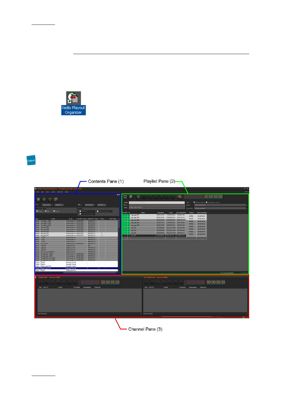 User interface, 1 opening playout organizer, 2 overview of the xedio playout organizer window | Opening playout organizer, Overview of the xedio playout organizer window | EVS XEDIO Playout Organizer Version 4.1 - December 2011 User Manual User Manual | Page 10 / 34