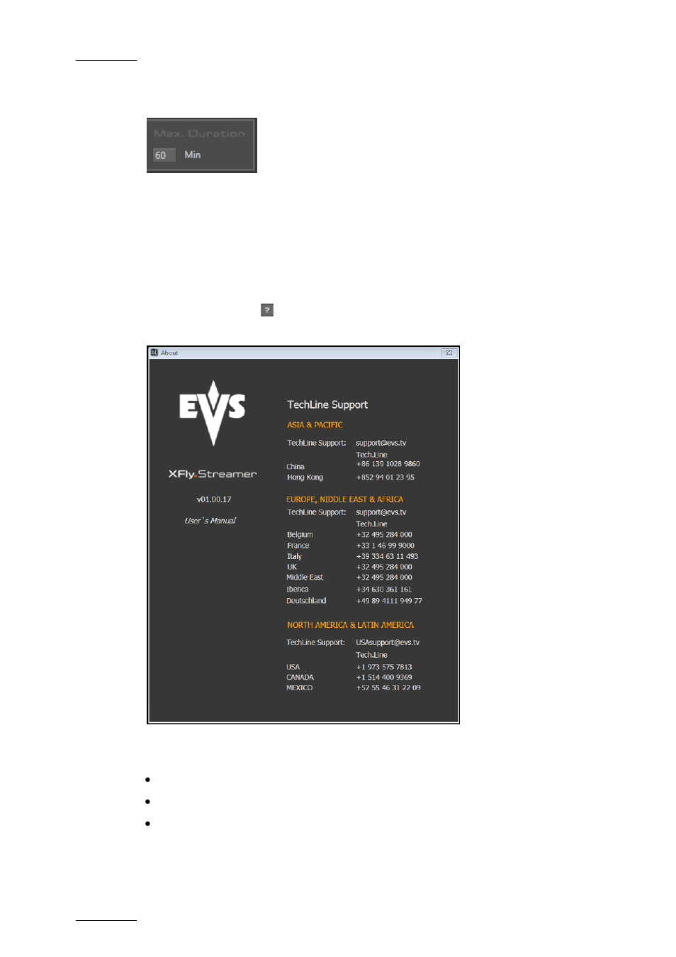 4 maximum duration setting, 7 the about window, Maximum duration setting | The about window, Aximum, Uration, Etting | EVS XFLY Streamer April 2012 User Manual User Manual | Page 28 / 33