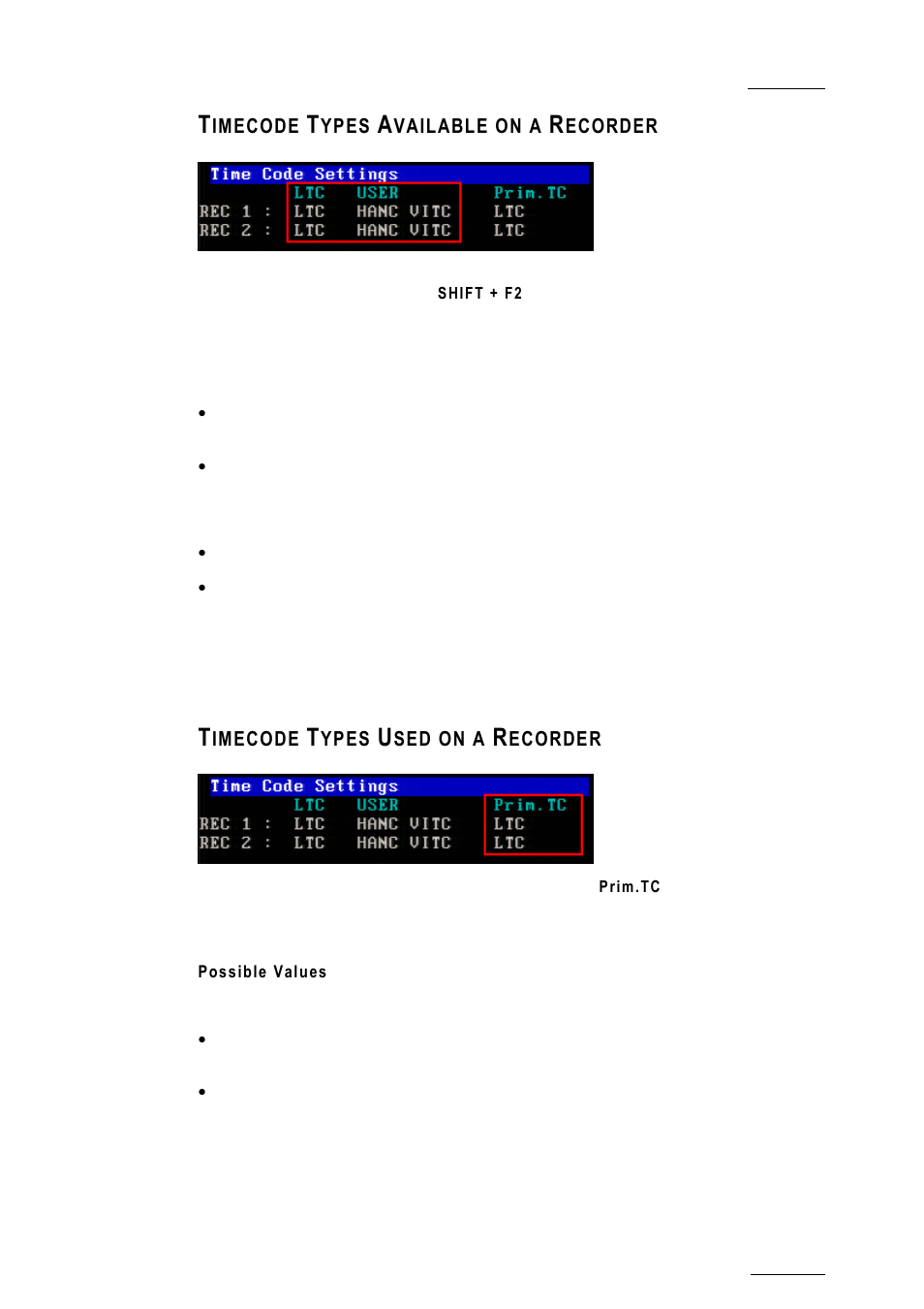 Timecode types available on a recorder, Timecode types used on a recorder, Possible values | EVS XTnano Version 10.04 - January 2011 Configuration Manual User Manual | Page 17 / 62