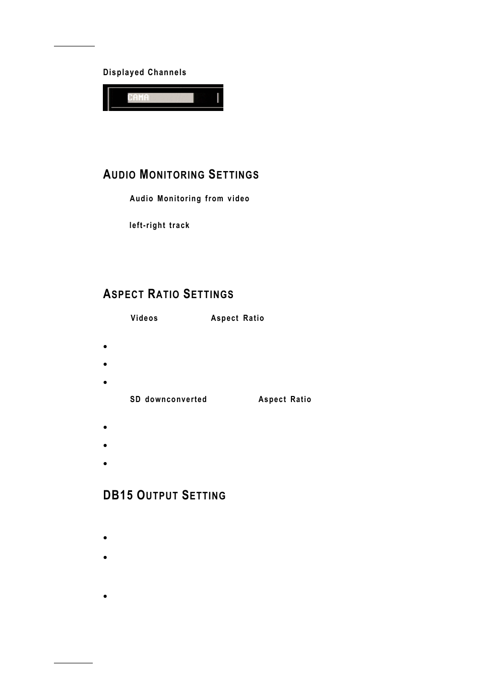 Displayed channels, Audio monitoring settings, Aspect ratio settings | Db15 output setting, Db15 | EVS XTnano Version 10.04 - January 2011 Configuration Manual User Manual | Page 34 / 62