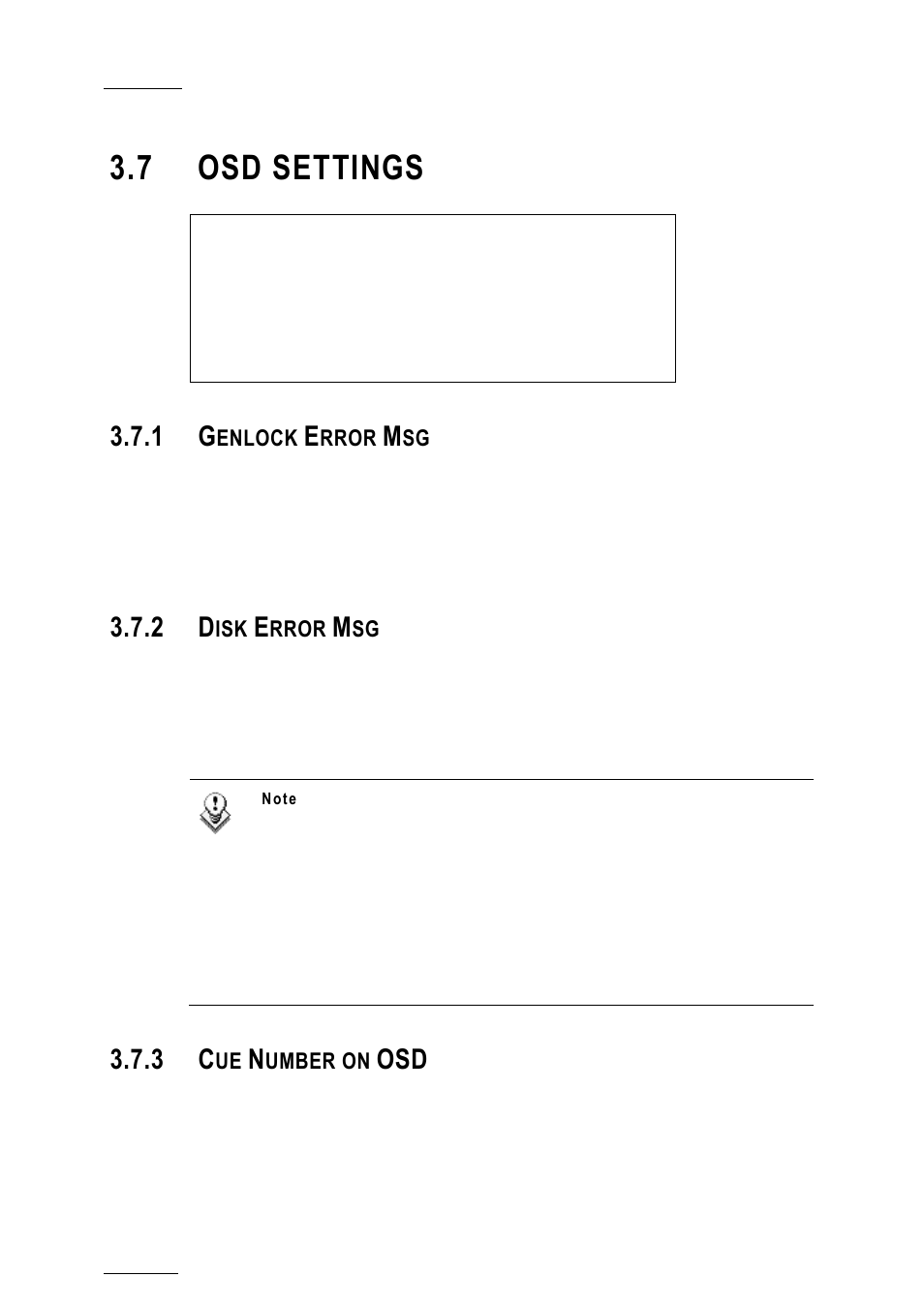 7 osd settings, 1 genlock error msg, 2 disk error msg | 3 cue number on osd, Osd settings, Genlock error msg, Disk error msg, Cue number on osd | EVS XTnano Version 10.04 - January 2011 Configuration Manual User Manual | Page 40 / 62