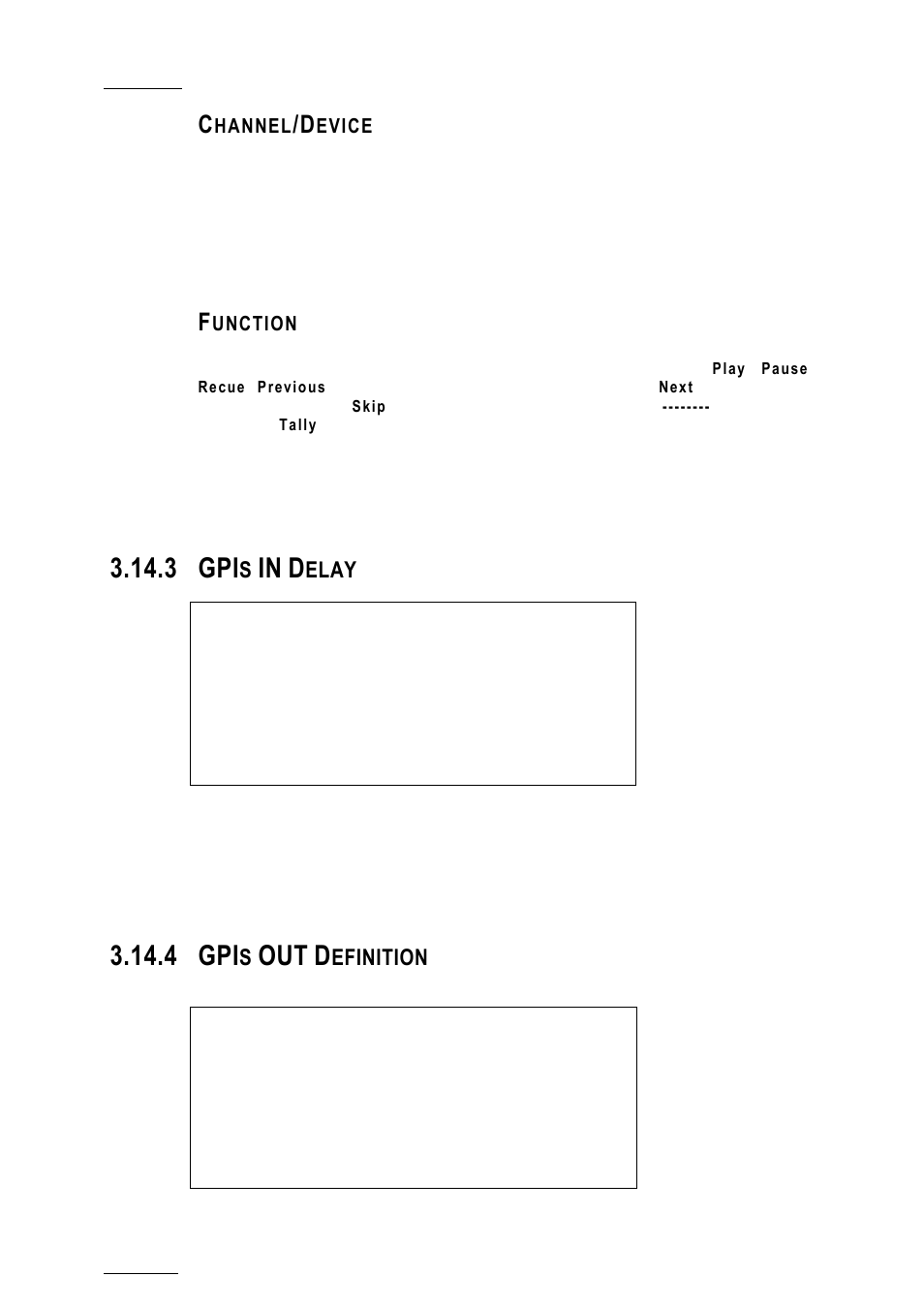 Channel/device, Function, 3 gpis in delay | 4 gpis out definition, Gpis in delay, Gpis out definition, 3 gpi, 4 gpi | EVS XTnano Version 10.04 - January 2011 Configuration Manual User Manual | Page 58 / 62