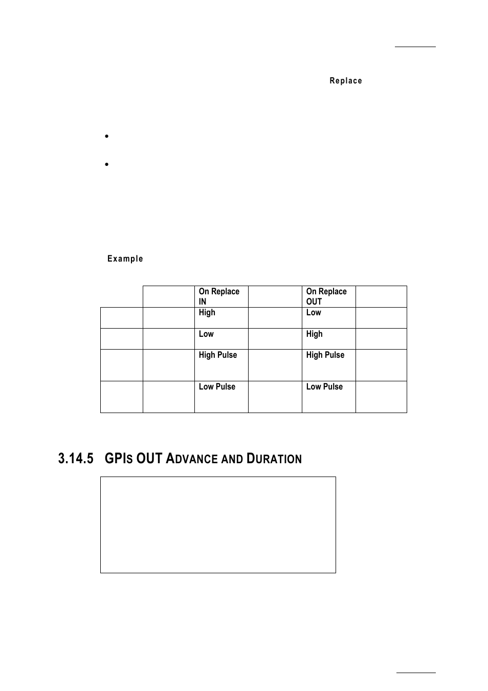 Example, 5 gpis out advance and duration, Gpis out advance and duration | 5 gpi, Dvance and, Uration | EVS XTnano Version 10.04 - January 2011 Configuration Manual User Manual | Page 59 / 62
