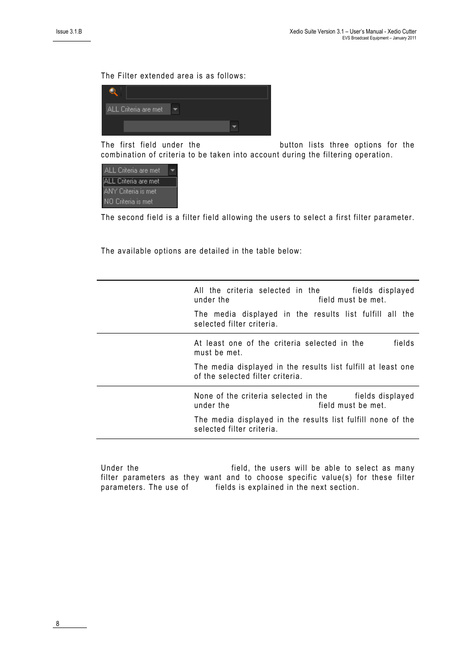 Filter extended area, Criteria combination, Filter fields | EVS XEDIO Cutter Version 3.1 - January 2011 User Manual User Manual | Page 13 / 38