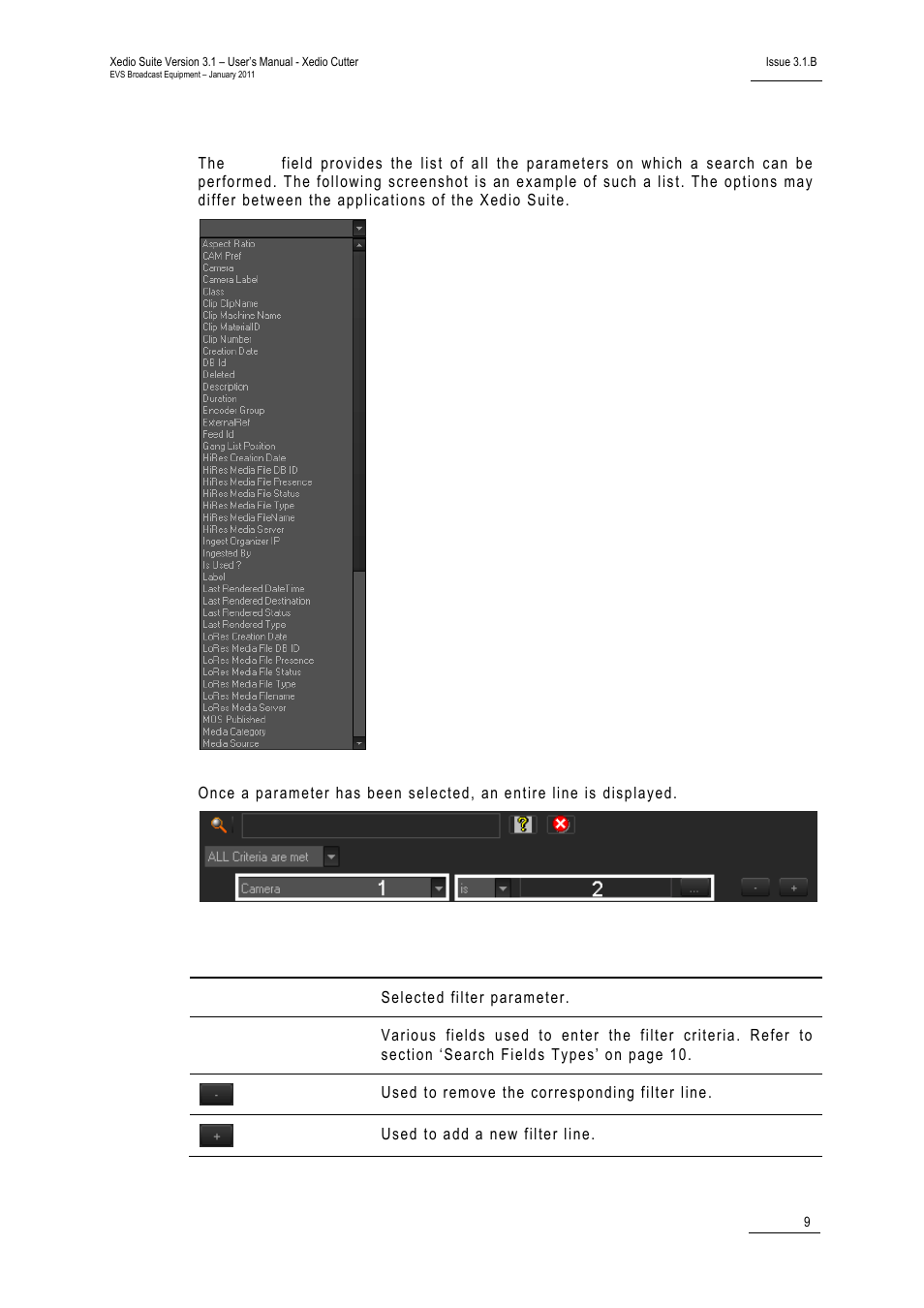 Filter fields | EVS XEDIO Cutter Version 3.1 - January 2011 User Manual User Manual | Page 14 / 38