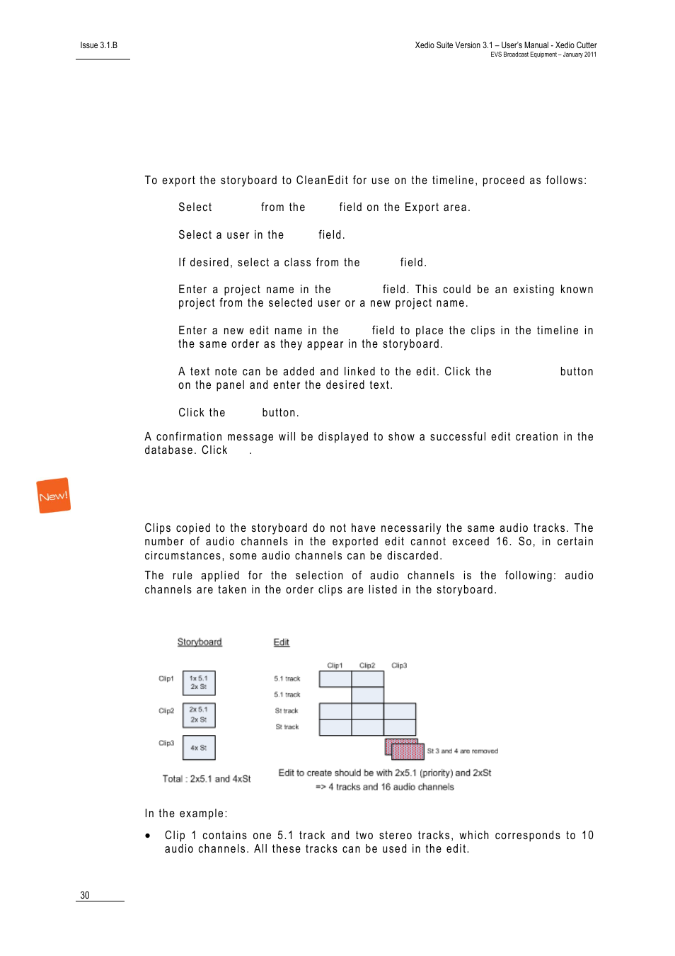 3 exporting the list, 1 how to export the list to cleanedit, Audio management for the exported edit | Example, Exporting the list, How to export the list to cleanedit, Ow to, Xport the, Ist to, Lean | EVS XEDIO Cutter Version 3.1 - January 2011 User Manual User Manual | Page 35 / 38