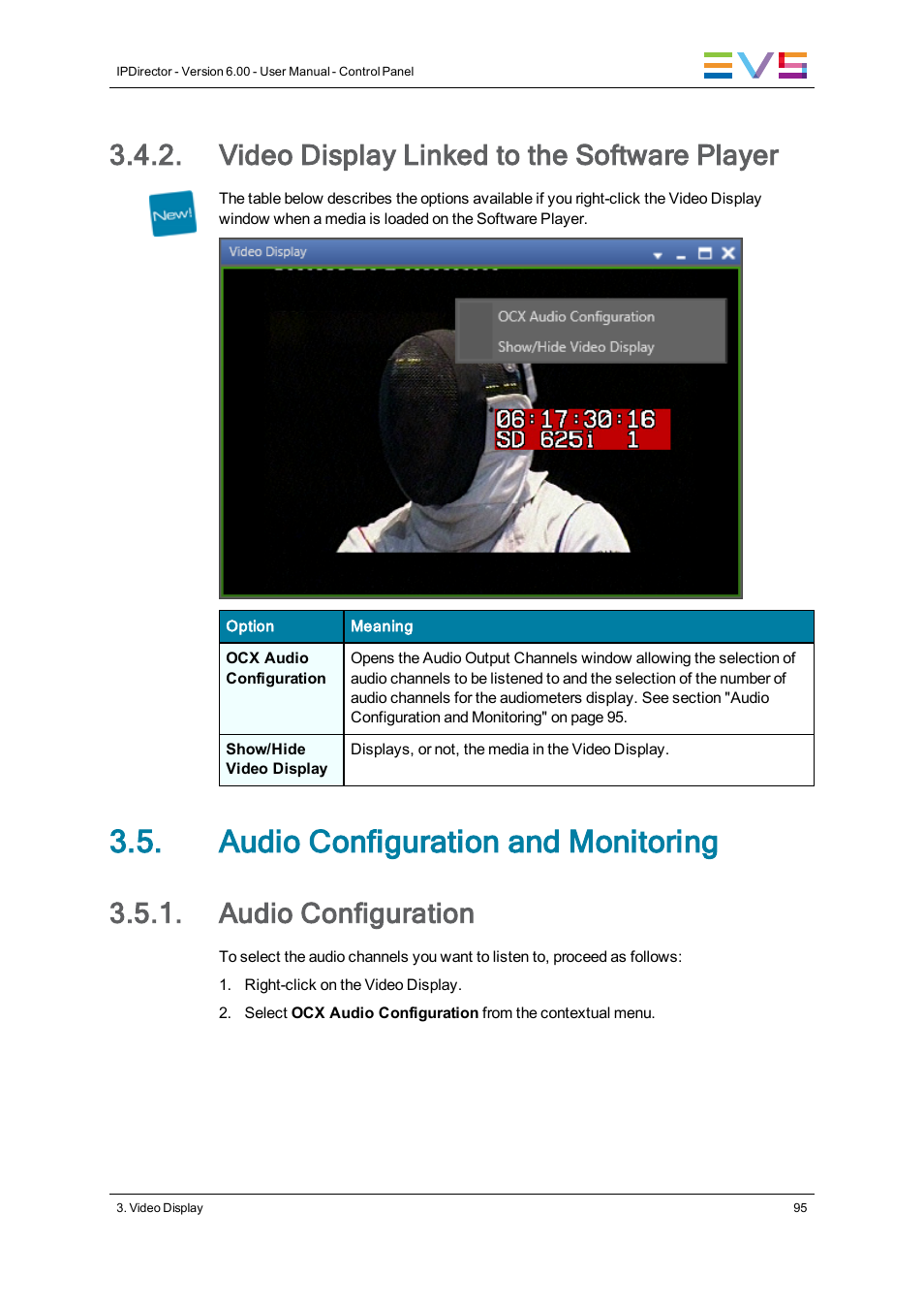 Video display linked to the software player, Audio configuration and monitoring, Audio configuration | EVS IPDirector Version 6.0 - November 2012 Part 5 User's Manual User Manual | Page 105 / 110