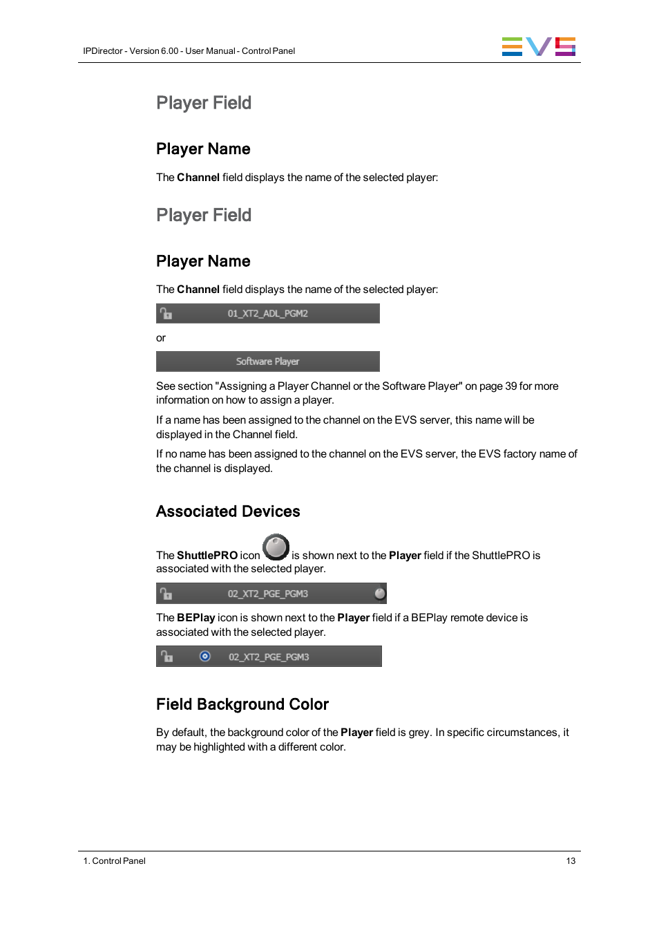 Player field, Player name, Associated devices | Field background color | EVS IPDirector Version 6.0 - November 2012 Part 5 User's Manual User Manual | Page 23 / 110
