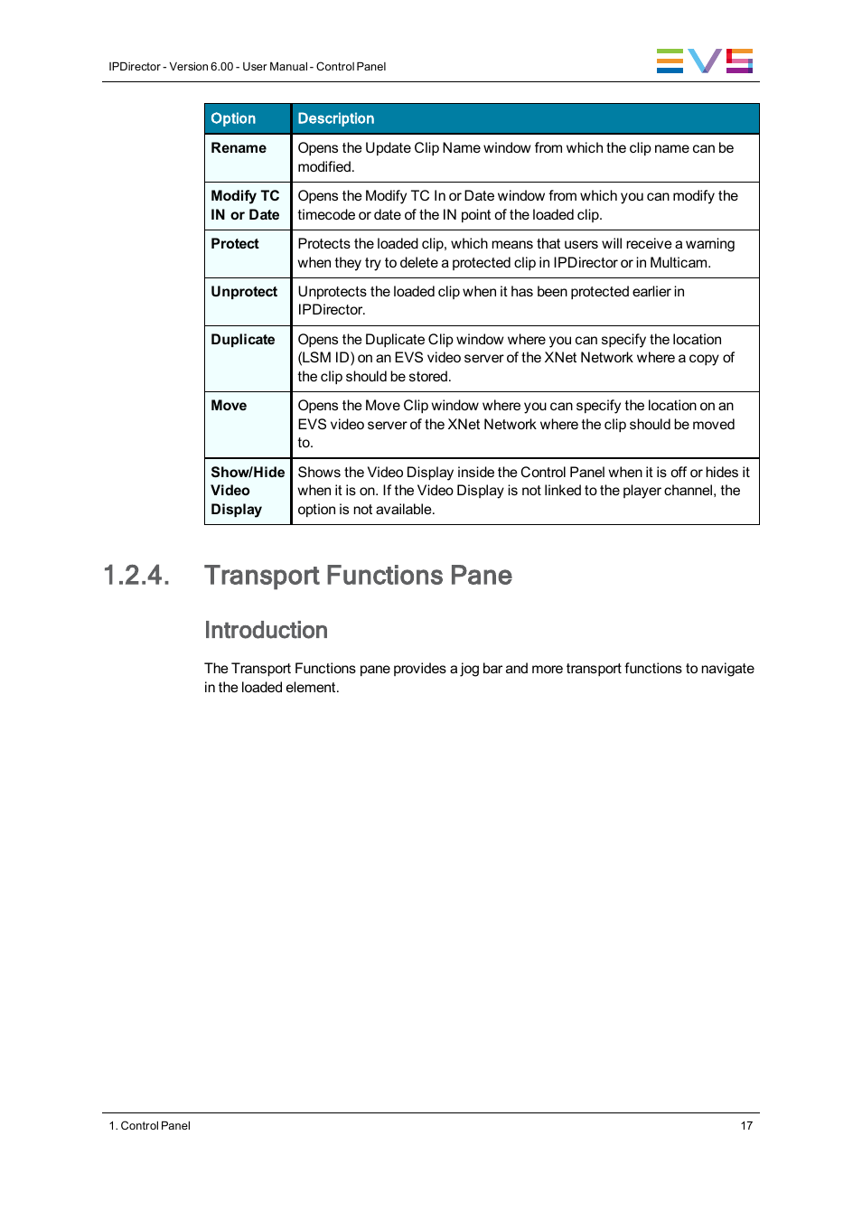 Transport functions pane, Introduction | EVS IPDirector Version 6.0 - November 2012 Part 5 User's Manual User Manual | Page 27 / 110
