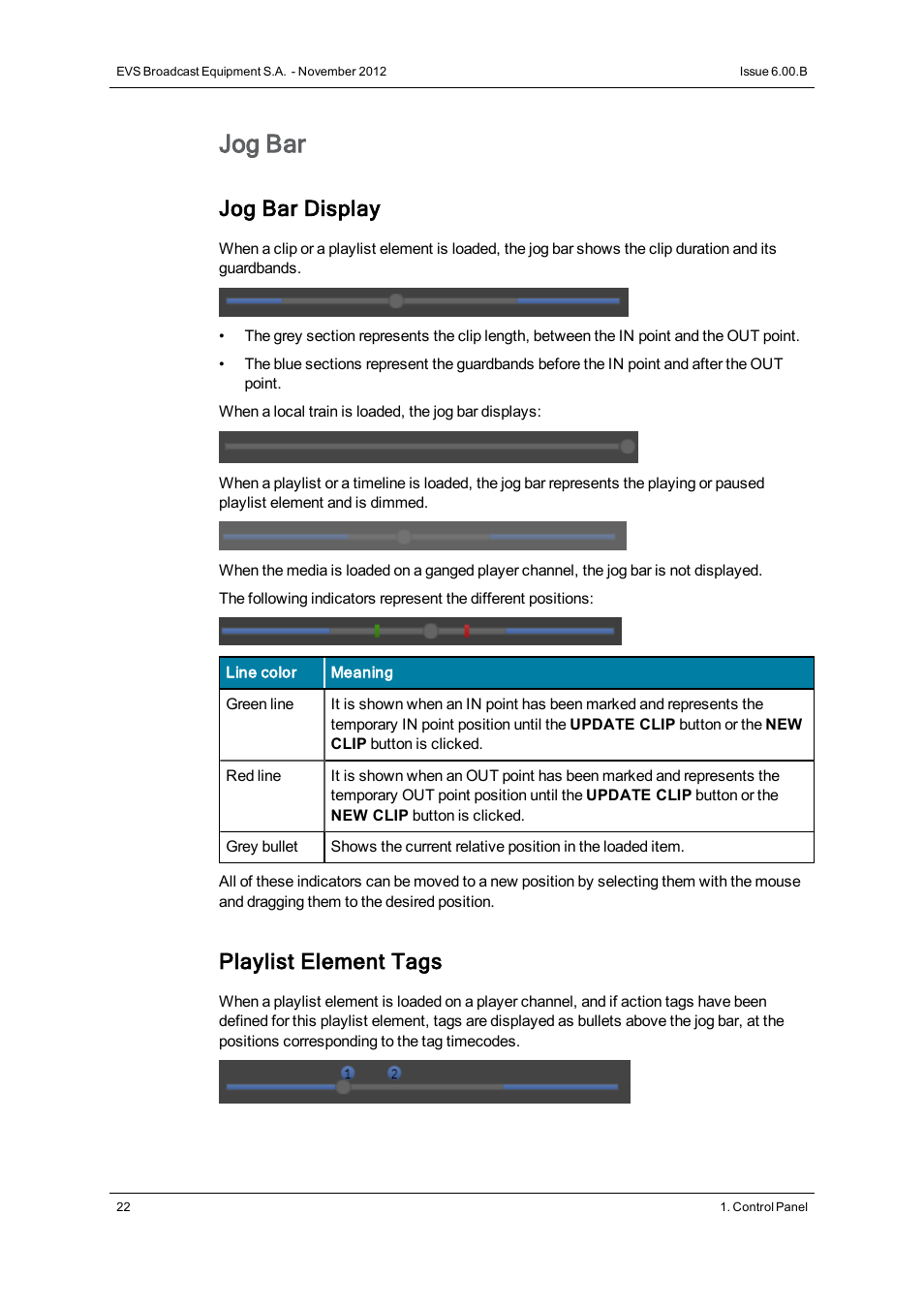 Jog bar, Jog bar display, Playlist element tags | EVS IPDirector Version 6.0 - November 2012 Part 5 User's Manual User Manual | Page 32 / 110