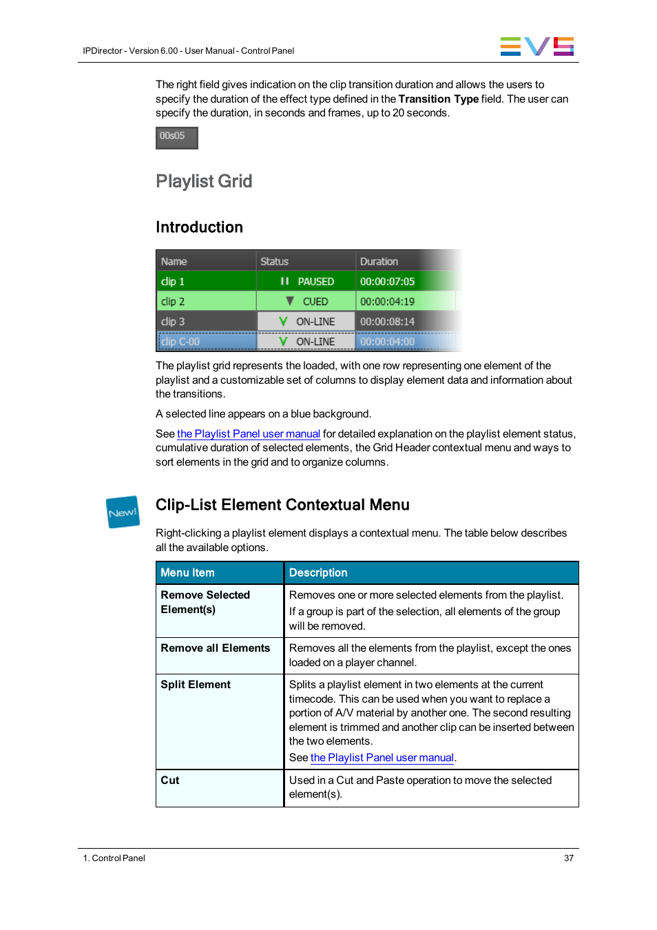 Playlist grid, Introduction, Clip-list element contextual menu | EVS IPDirector Version 6.0 - November 2012 Part 5 User's Manual User Manual | Page 47 / 110