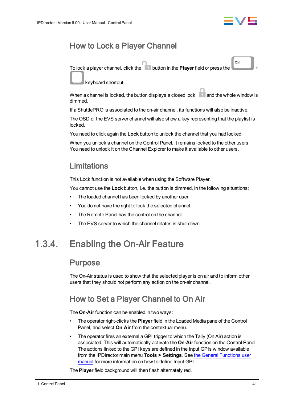 Enabling the on-air feature, How to lock a player channel, Limitations | Purpose, How to set a player channel to on air | EVS IPDirector Version 6.0 - November 2012 Part 5 User's Manual User Manual | Page 51 / 110