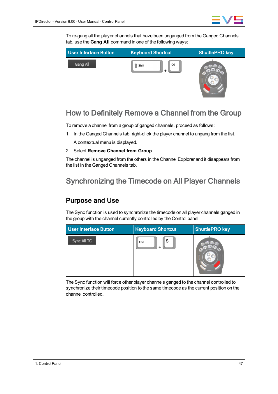 How to definitely remove a channel from the group, Synchronizing the timecode on all player channels, Purpose and use | EVS IPDirector Version 6.0 - November 2012 Part 5 User's Manual User Manual | Page 57 / 110