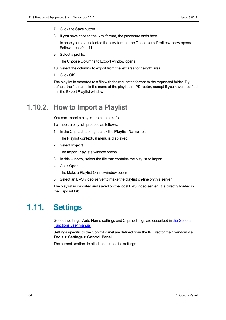 How to import a playlist, Settings | EVS IPDirector Version 6.0 - November 2012 Part 5 User's Manual User Manual | Page 94 / 110