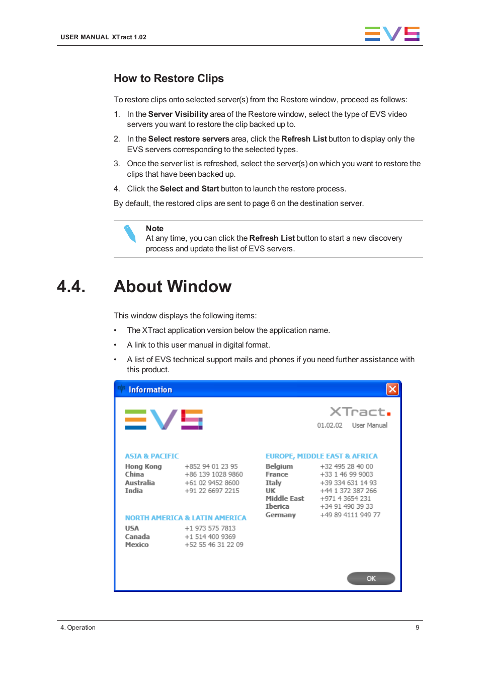 About window, How to restore clips | EVS XTract Version 1.02 - July 2013 User Manual User Manual | Page 15 / 17