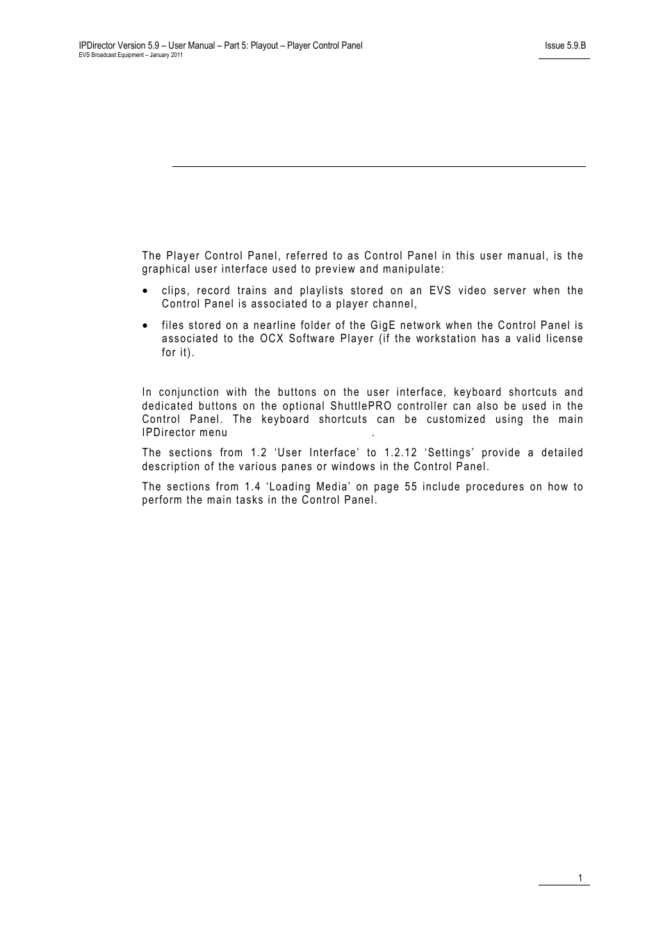 Player control panel, 1 introduction, Introduction | EVS IPDirector Version 5.9 - January 2011 Part 5 User’s Manual User Manual | Page 12 / 106
