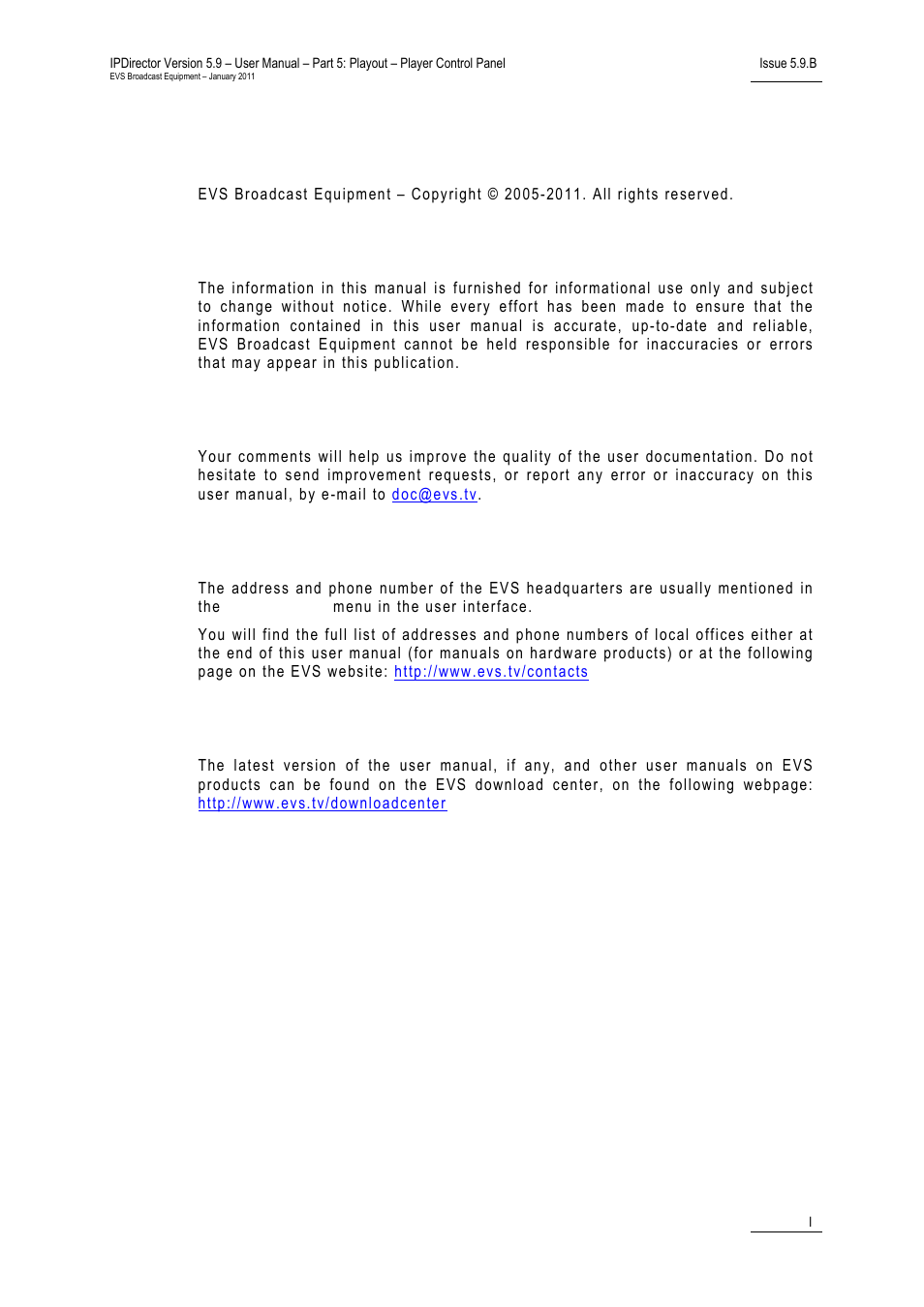 Copyright, Disclaimer, Improvement requests | Regional contacts, User manuals on evs website | EVS IPDirector Version 5.9 - January 2011 Part 5 User’s Manual User Manual | Page 2 / 106