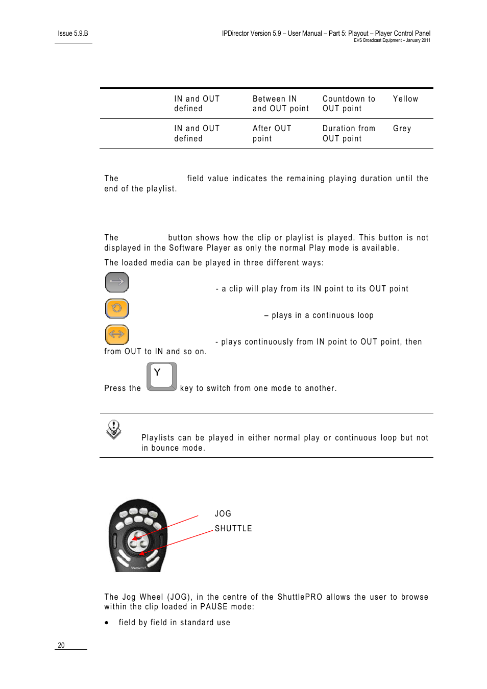 When a playlist is loaded, Play mode button, Browsing within video material with the shuttlepro | EVS IPDirector Version 5.9 - January 2011 Part 5 User’s Manual User Manual | Page 31 / 106