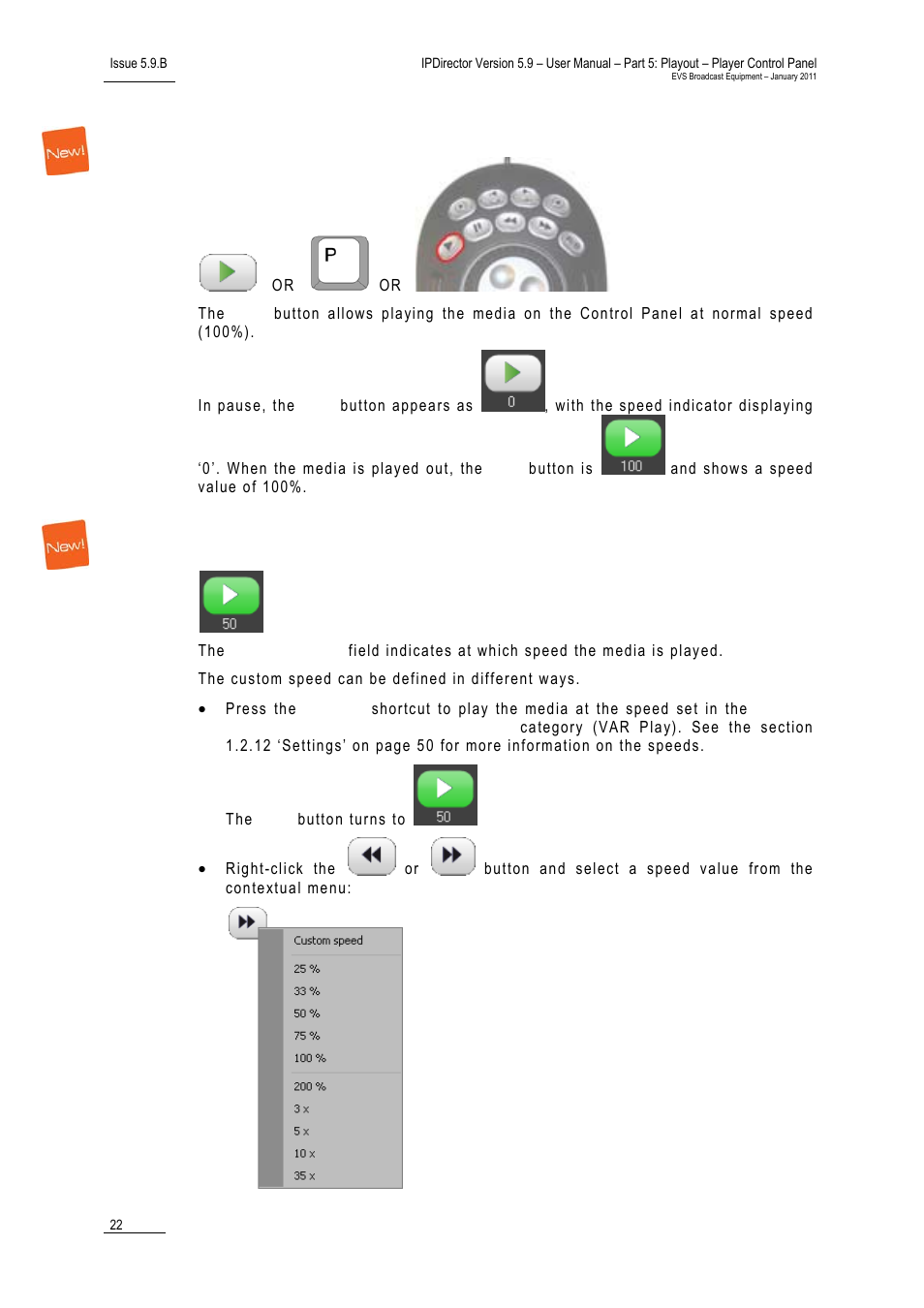 Play button, Custom speed field, Custom speed field: up | EVS IPDirector Version 5.9 - January 2011 Part 5 User’s Manual User Manual | Page 33 / 106