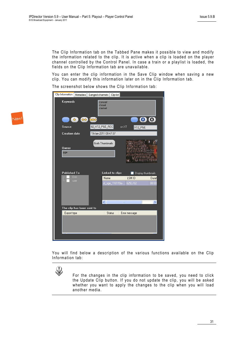7 clip information tab, Clip information tab, 7 ‘clip information tab | Nformation | EVS IPDirector Version 5.9 - January 2011 Part 5 User’s Manual User Manual | Page 42 / 106