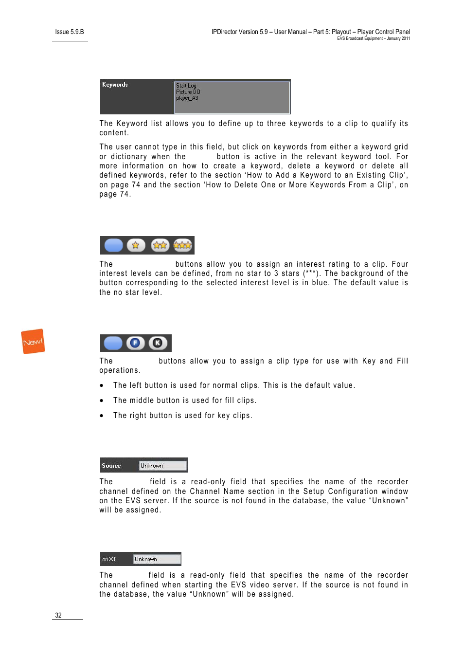 Keyword list, Interest level buttons, Clip type buttons | Source field, On xt field, Clip information tab | EVS IPDirector Version 5.9 - January 2011 Part 5 User’s Manual User Manual | Page 43 / 106