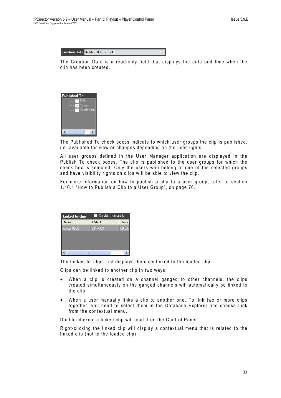 Creation date, Published to check boxes, Linked to clips list | EVS IPDirector Version 5.9 - January 2011 Part 5 User’s Manual User Manual | Page 44 / 106