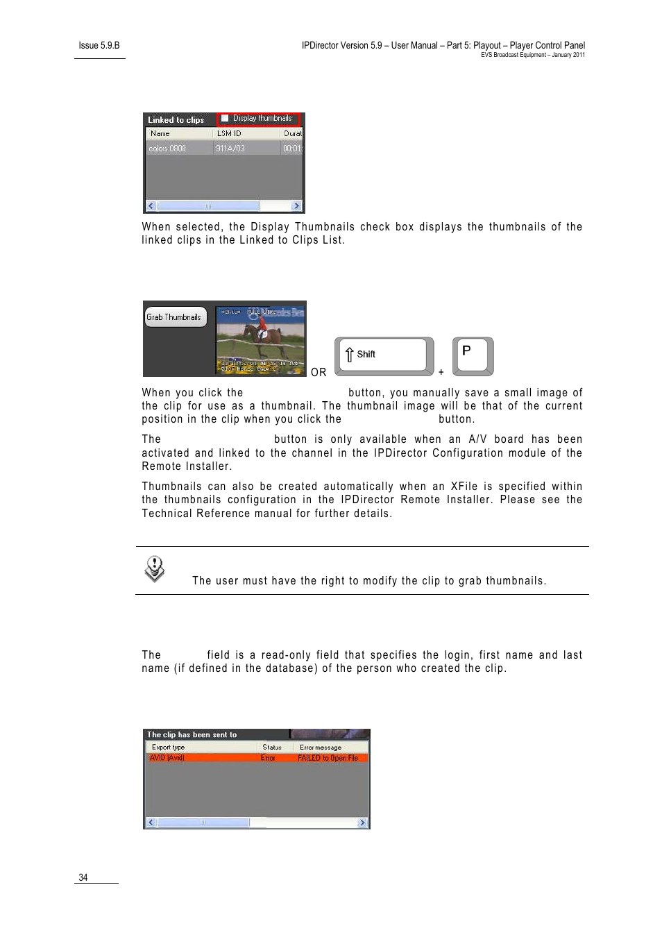 Display thumbnails check box, Grab thumbnails button, Owner field | Clips sent to list | EVS IPDirector Version 5.9 - January 2011 Part 5 User’s Manual User Manual | Page 45 / 106