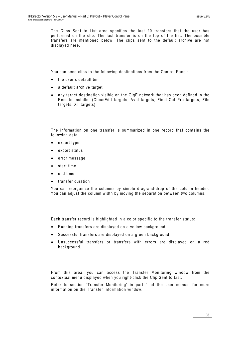Possible transfers, Transfer information, Transfer status | Viewing detailed transfer information | EVS IPDirector Version 5.9 - January 2011 Part 5 User’s Manual User Manual | Page 46 / 106