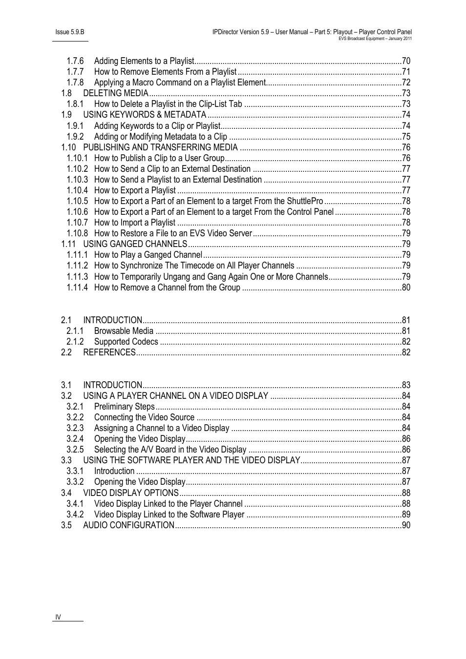 Software player, Video display, Index | EVS IPDirector Version 5.9 - January 2011 Part 5 User’s Manual User Manual | Page 5 / 106