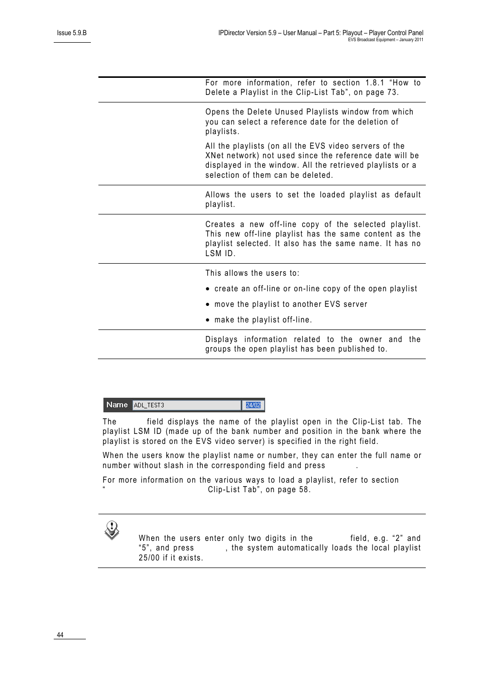 Playlist name and lsm id | EVS IPDirector Version 5.9 - January 2011 Part 5 User’s Manual User Manual | Page 55 / 106