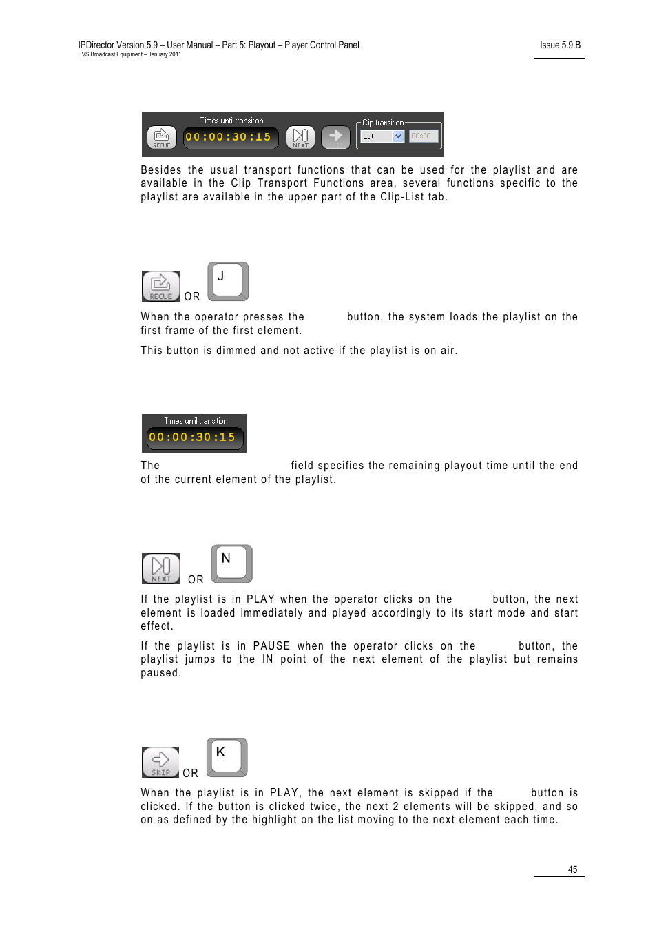 Playlist functions, Recue, Times until transition | Next, Skip | EVS IPDirector Version 5.9 - January 2011 Part 5 User’s Manual User Manual | Page 56 / 106