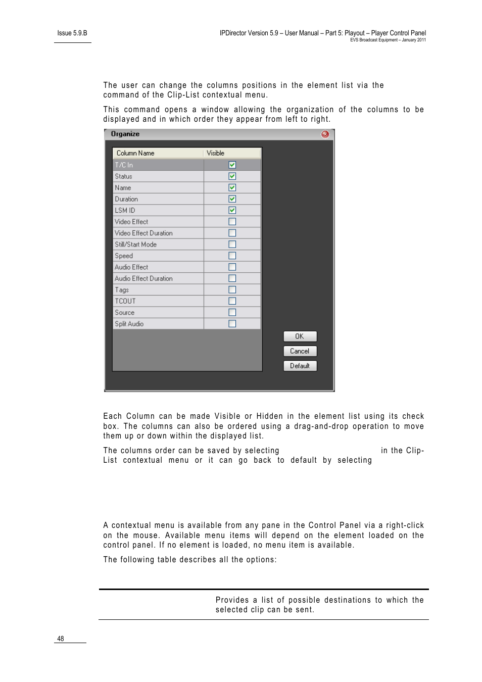 Organizing the columns in the element list, 11 control panel contextual menu, 11 c | Ontrol, Anel, Ontextual | EVS IPDirector Version 5.9 - January 2011 Part 5 User’s Manual User Manual | Page 59 / 106
