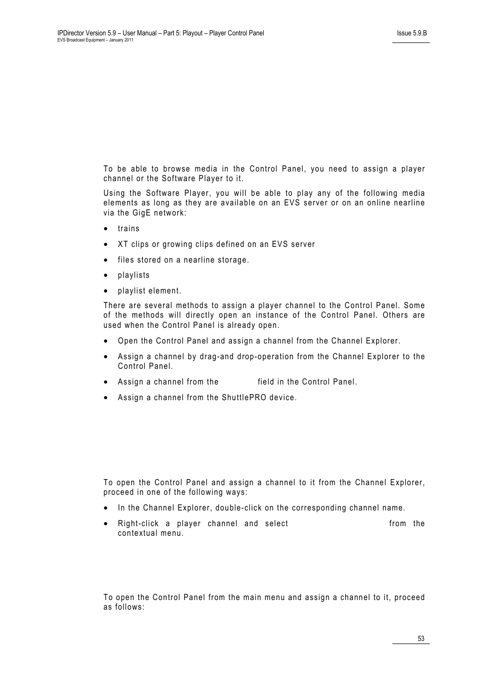 3 assigning a channel or the software player, 1 introduction, 2 assigning a channel | How to assign a channel from the channel explorer, Control panel shortcuts | EVS IPDirector Version 5.9 - January 2011 Part 5 User’s Manual User Manual | Page 64 / 106
