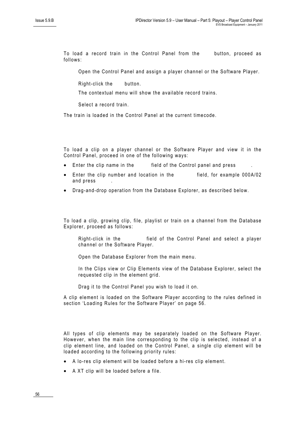 How to load a train from the e/e button, 2 loading a clip in the control panel, How to load a media by a drag-and-drop operation | Loading rules for the software player | EVS IPDirector Version 5.9 - January 2011 Part 5 User’s Manual User Manual | Page 67 / 106