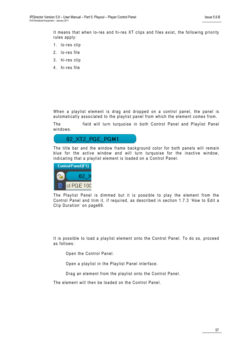 Introduction, Oading a, Laylist | Lement onto the, Ontrol, Anel | EVS IPDirector Version 5.9 - January 2011 Part 5 User’s Manual User Manual | Page 68 / 106