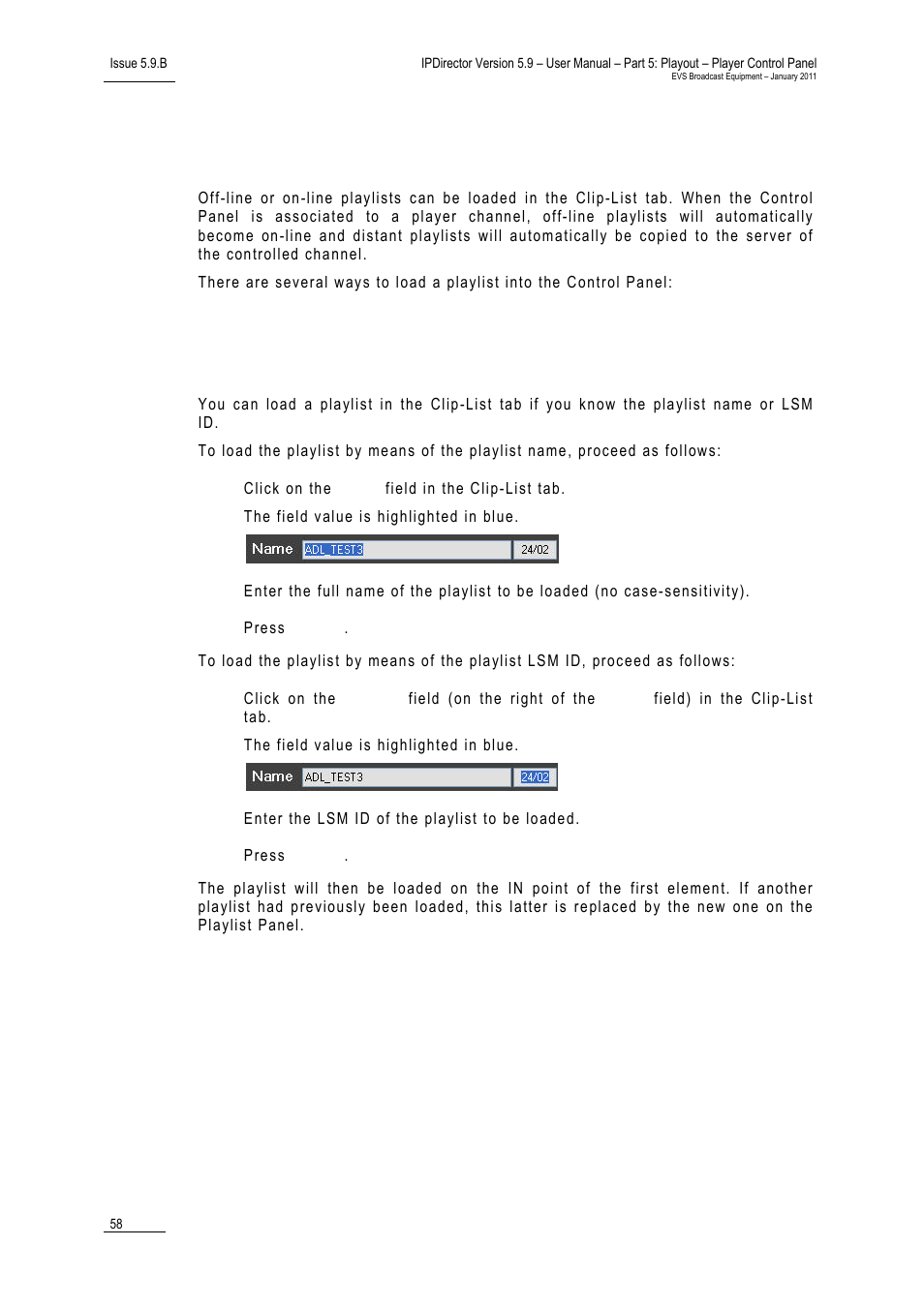 4 loading a playlist in the clip-list tab, Loading media, Loading a train in the control panel | Loading a playlist in the clip-list tab, Oading a, Laylist in the | EVS IPDirector Version 5.9 - January 2011 Part 5 User’s Manual User Manual | Page 69 / 106